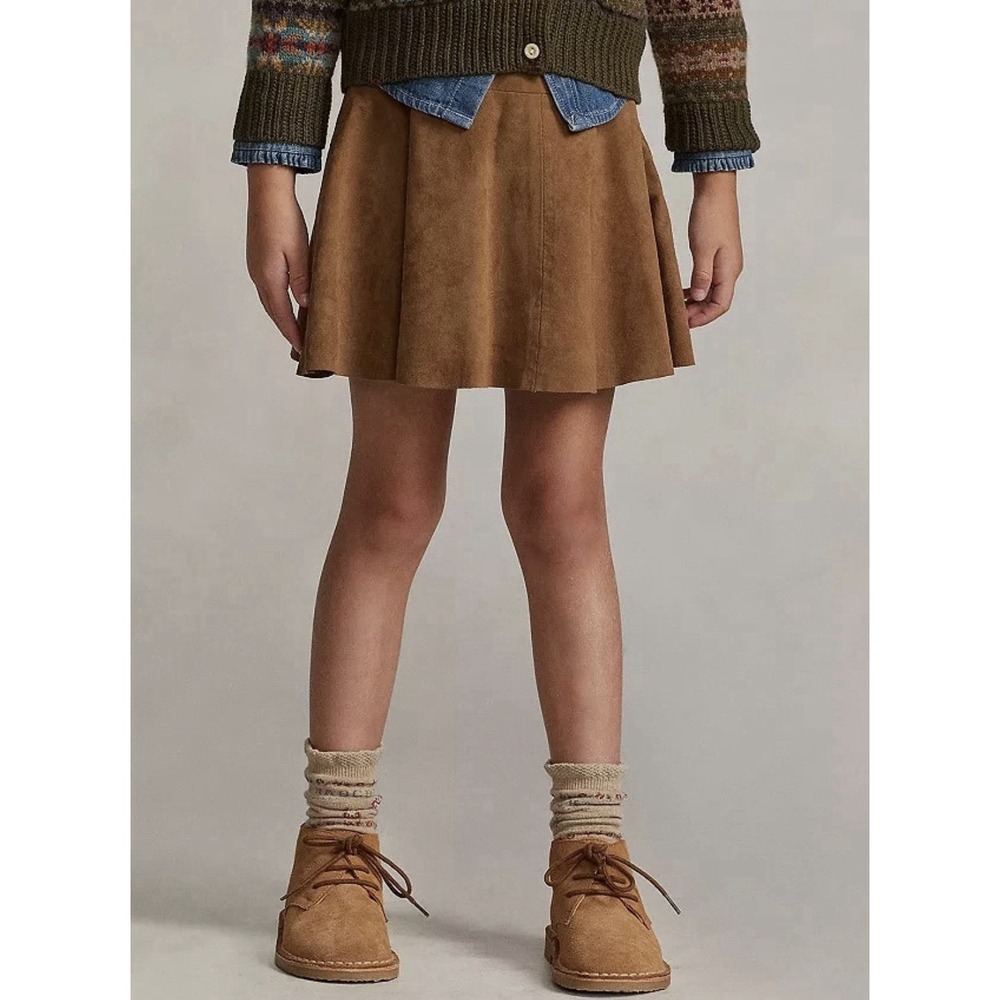 Polo Ralph Lauren Size 12 Flare Side Zip Lined Suede Skirt Maple Goat Leather